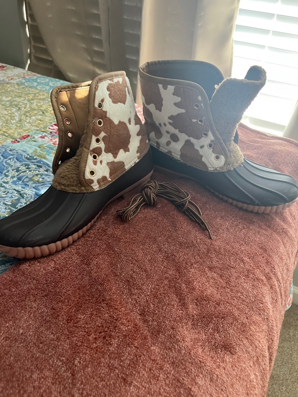 Simply Southern Cowhide Print Duck Boots in Brown & White